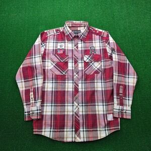 Red Ape Shirt Mens Large Red Plaid Urban Streetwear Shoulder Epaulets Patch